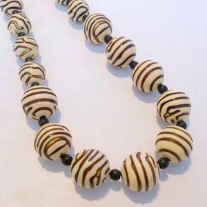 Boho Ethnic Inspired Zebra Striped Beaded Necklace on Cord